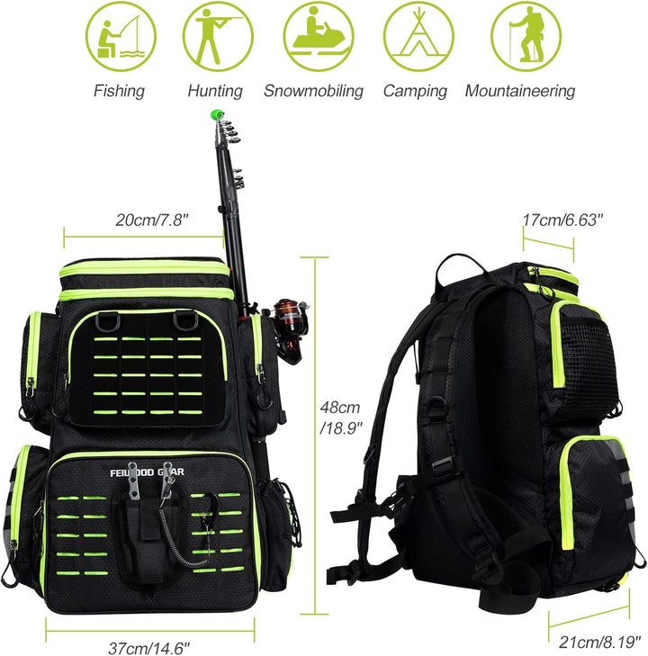 FEIWOOD GEAR Angelausrüstungs-Rucksack mit 4 Angelboxen, grosser Stauraum – widerstandsfähiger Angel