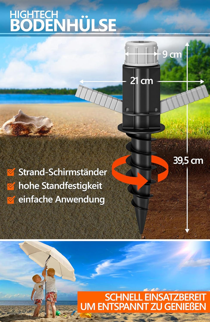 4smile Sonnenschirm Strand SunnyJoy, 3-in-1 SET, Beige - UPF 50+ Strandschirm Ø 160 cm + Sonnenschir