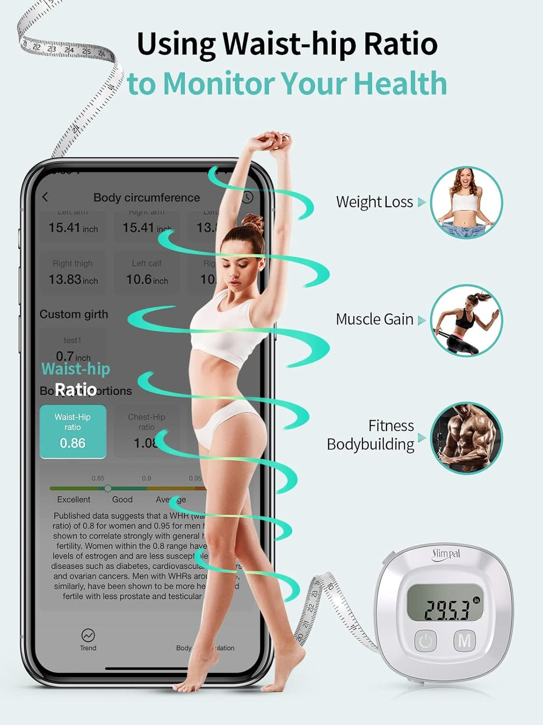 Slimpal Smart Körpermassband, Bluetooth Körperfett Massband, Massband Körpermasse von Bizeps, Brust,