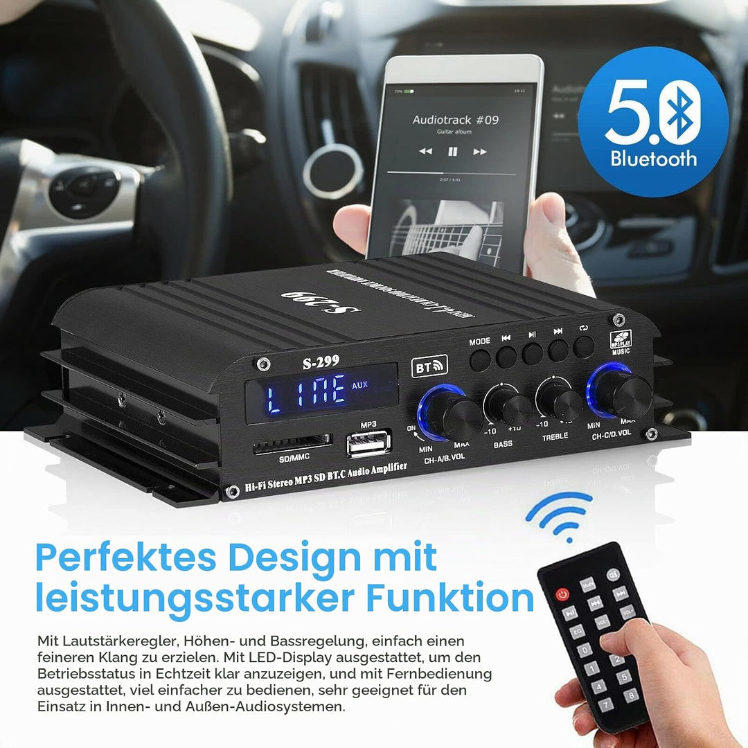 HiFi 4.0-Kanal Verstärker Bluetooth Digital Leistungsverstärker für Heim/Auto Bass Audioverstärker A