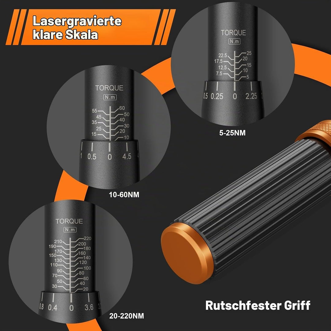 Drehmomentschlüssel 1/4 &amp; 3/8 &amp;1/2 Zoll, 3 teilig Drehmomentschlüssel Set 5-25 Nm, 10-60 Nm, 20-220