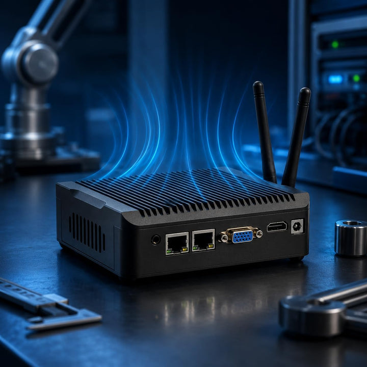 Lüfterloser Industrie Mini PC mit Celeron N2940, 8GB DDR3 RAM, 128GB SSD, Dual LAN, 6 USB, HDMI, VGA