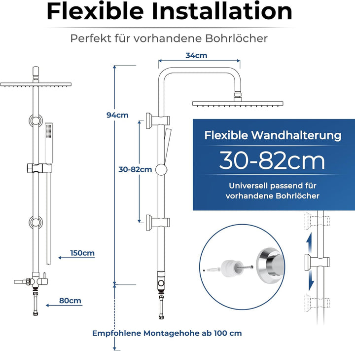 Görbach Regendusche Duschsystem ohne Armatur, Edelstahl Duschset mit Verstellbarer Duschstange, Kopf