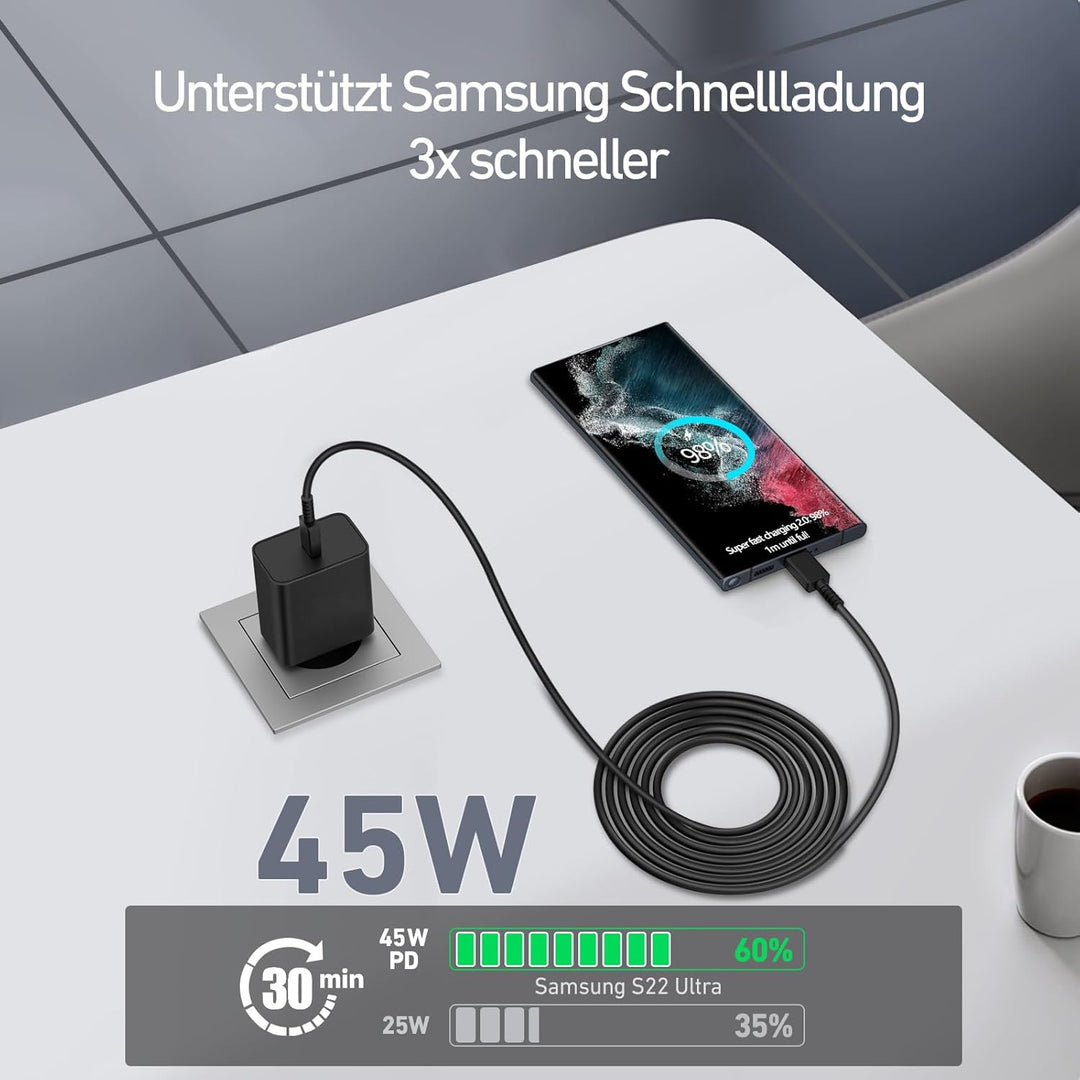 45W USB C Ladegerät Schnellladekabel für Samsung Galaxy S25 S24 S23 S22 S21 S20 fe Ultra S10 S9 S8 A