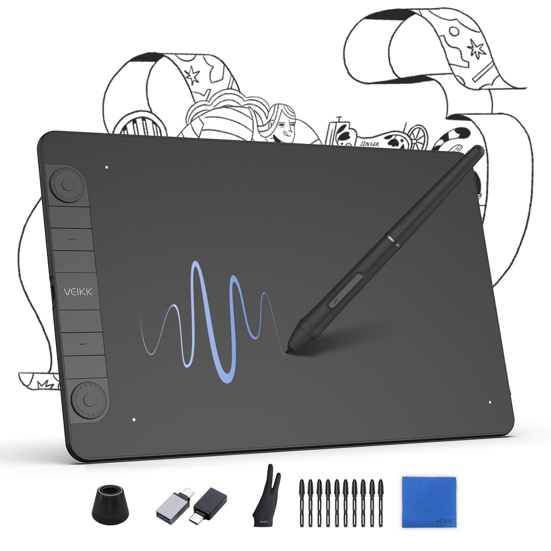 Grafiktablett VEIKK VK1060PRO V2,10 x 6 Zoll Zeichentablett mit 8 Tastenkombinationen mit Batterielo