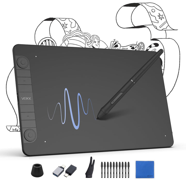 Grafiktablett VEIKK VK1060PRO V2,10 x 6 Zoll Zeichentablett mit 8 Tastenkombinationen mit Batterielo