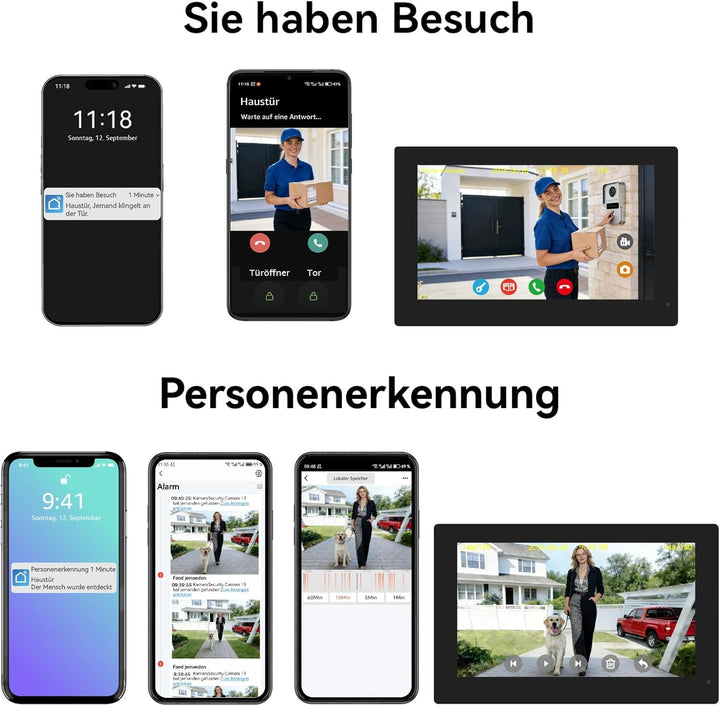 Video-Türsprechanlage, 2 Draht WiFi Türklingel mit 7" Farb-Touchscreen, 1080p Nachtsicht und Zwei-We
