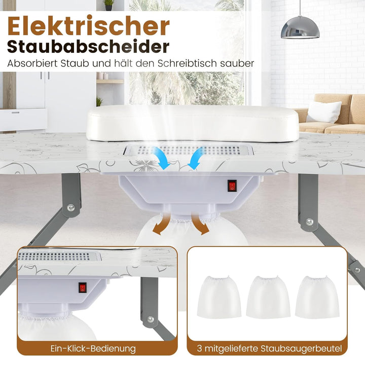 COSTWAY Maniküretisch klappbar, Nageltisch mit elektrischem Staubsammler, LED-Lampe, Handgelenkaufla
