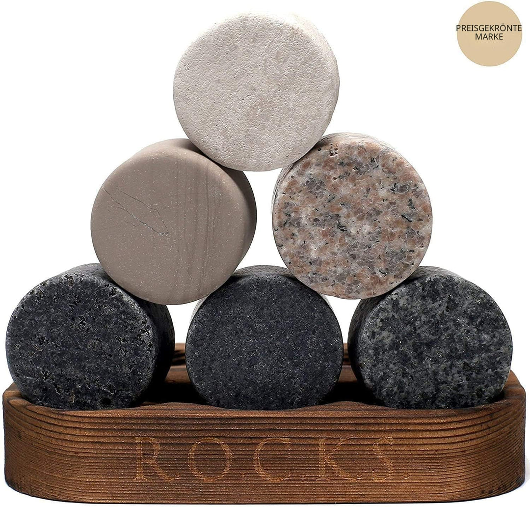 Whiskey Steine Set - 6 Handgefertigte Runde Granit Whisky Steine - 2 Whisky Gläser - Präsentations-