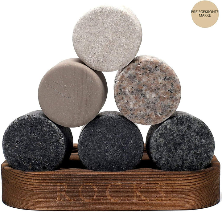 Whiskey Steine Set - 6 Handgefertigte Runde Granit Whisky Steine - 2 Whisky Gläser - Präsentations-