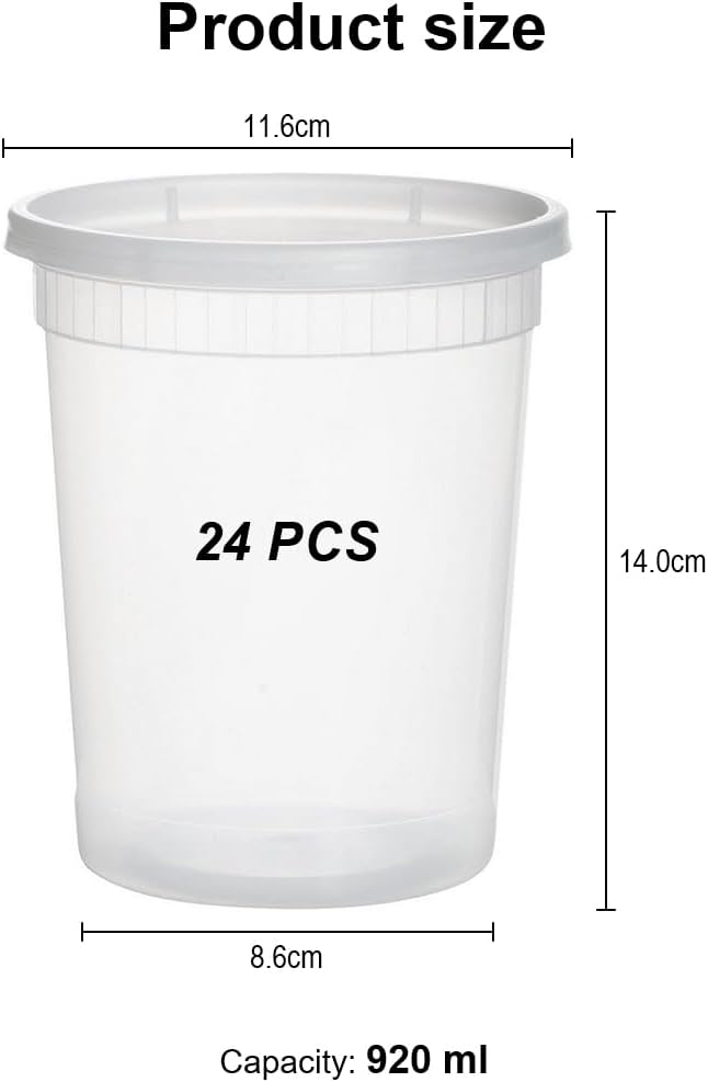 24 Stück Kunststoffbehälter mit Deckel - 950ml/32oz wiederverwendbare Aufbewahrungsbecher für Lebens