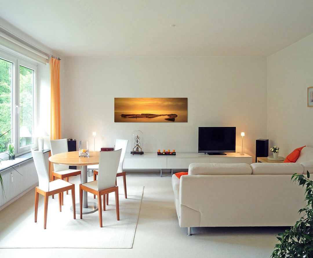 Paul Sinus Art Panoramabild auf Leinwand und Keilrahmen 150x50cm Meer Steine Nebel Sonnenaufgang