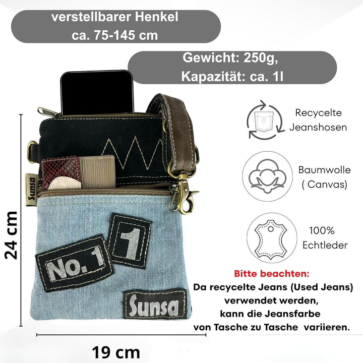 Sunsa Damen kleine Umhängetasche. Nachhaltige Tasche aus recycelte Jeans &amp; Leder. Crossover bag in V