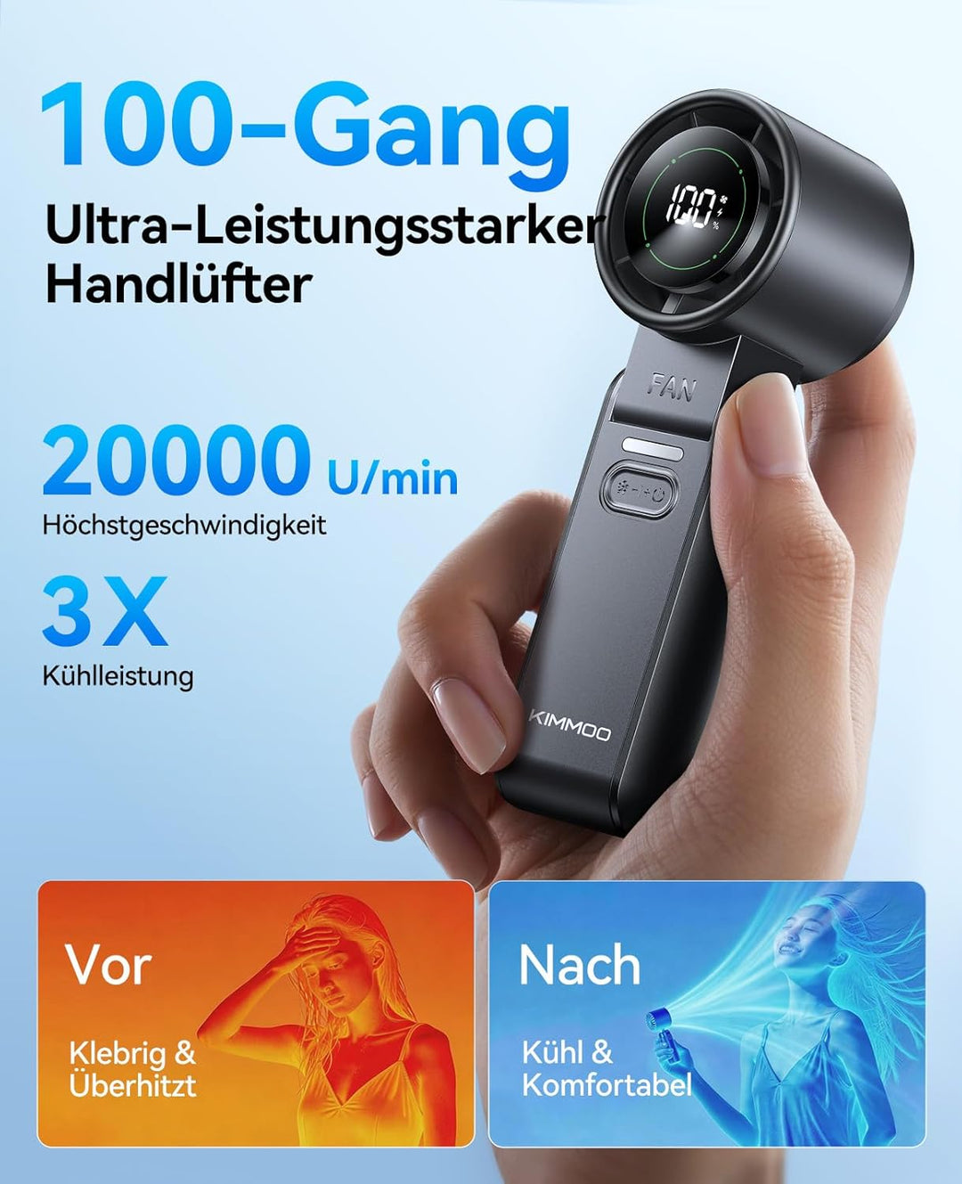 KIMMOO 3-in-1 Turbo-Handventilator – 100 Geschwindigkeiten, 20000 U/min, 12 Std. Kühlung, Digitaldis