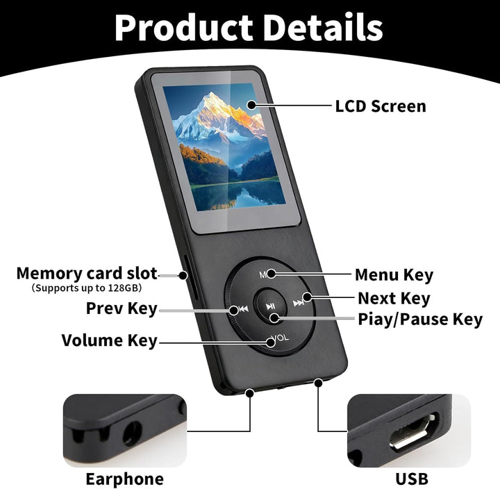 MP3 Player Bluetooth 5.3 mit 64 GB Speicher, 1,8" TFT Farbdisplay, Integriertem Lautsprecher, HiFi M