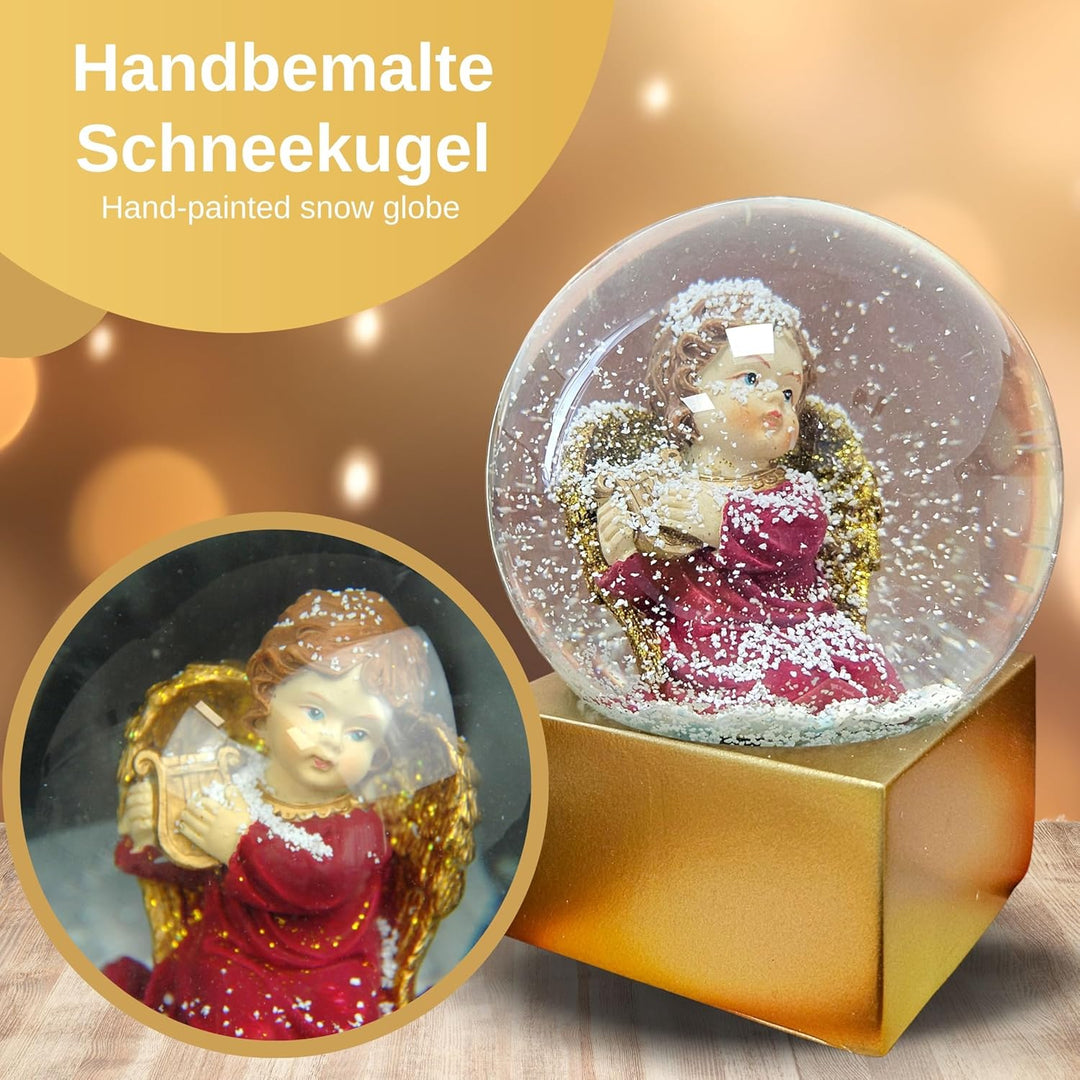 Weihnachts-Schneekugel Engel | Himmelsbote mit Harfe | Farbe rot Gold | 100mm breit, 120mm hoch | Be