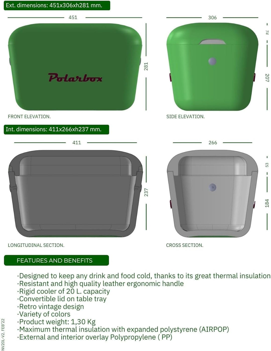 Polarbox Kühlbox - Kühltasche Klein 20L, Camping Kühlschrank, Kühlboxen, Kühlbox Klein, Gefrierbox,