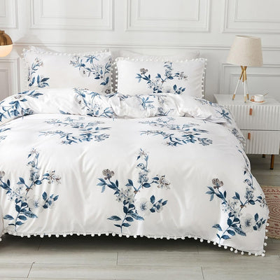 Freyamy Bettwäsche 200x220cm 3teilig Weiss Blau Blumen Pompons Wendebettwäsche Microfaser Weiche Bet