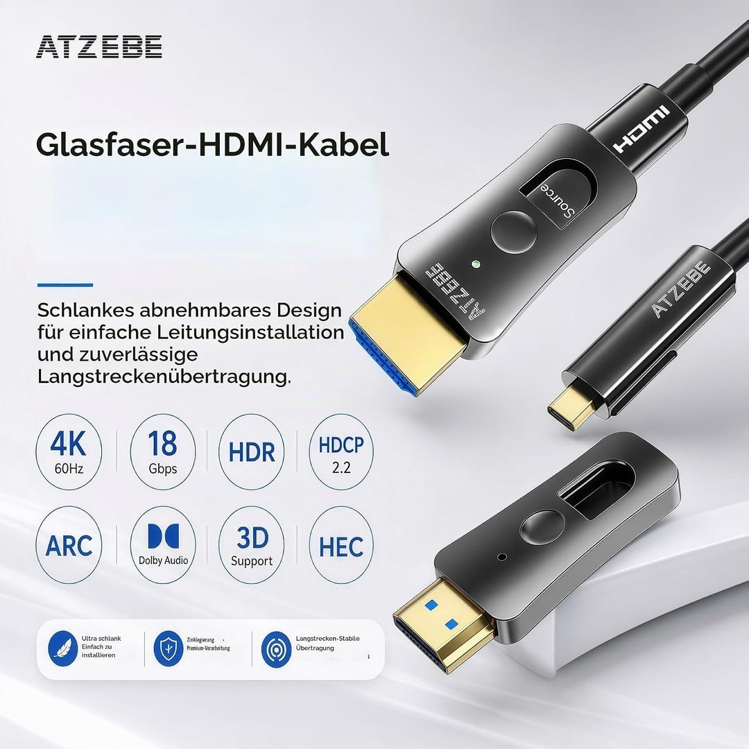 ATZEBE HDMI Glasfaser Kabel -30m, 4k HDMI-Kabel 2.0 unterstützt 4K@60Hz HDR, YUV4:4:4 8bit, 3D, ARC,