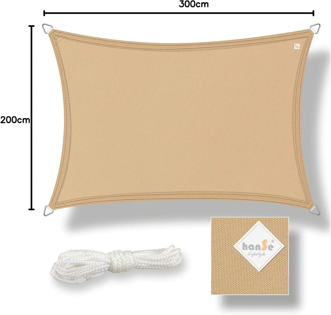 hanSe Sonnensegel rechteckig, Segeltuch Rechteck, 2x3 m in Sand, aus 100% Polyester, wetterbeständig