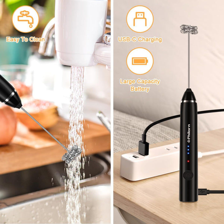 Philorn Milchaufschäumer Stab, Milchaufschäumer Elektrisch Stab Hand Held, 3-Gang USB-C Aufladbar Au