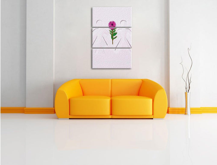 Pixxprint Strichmännchen mit Blume schwarz/weiss 3-Teiler Leinwandbild 120x80 Bild auf Leinwand