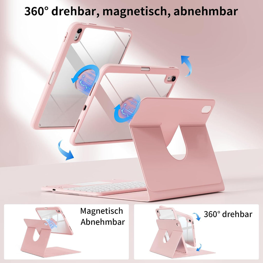 Hülle mit Tastatur für iPad A16 11/10 Generation mit Touchpad, Rosa | 360° Hülle mit Standfunktion,