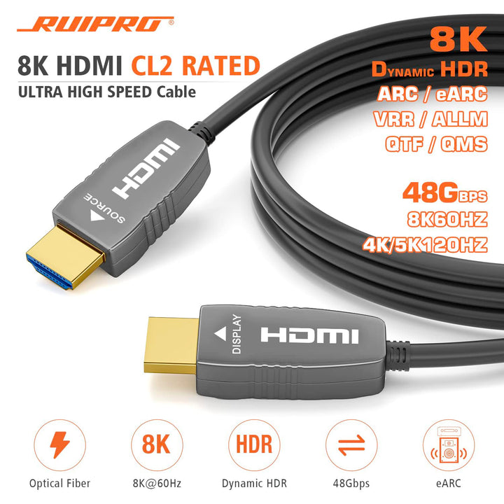 8K CL2 HDMI Glasfaserkabel 15M, Zertifiziert HDMI 2.1 Ultra High Speed 48 Gbit/s, 8K@60Hz, 4K@120Hz,