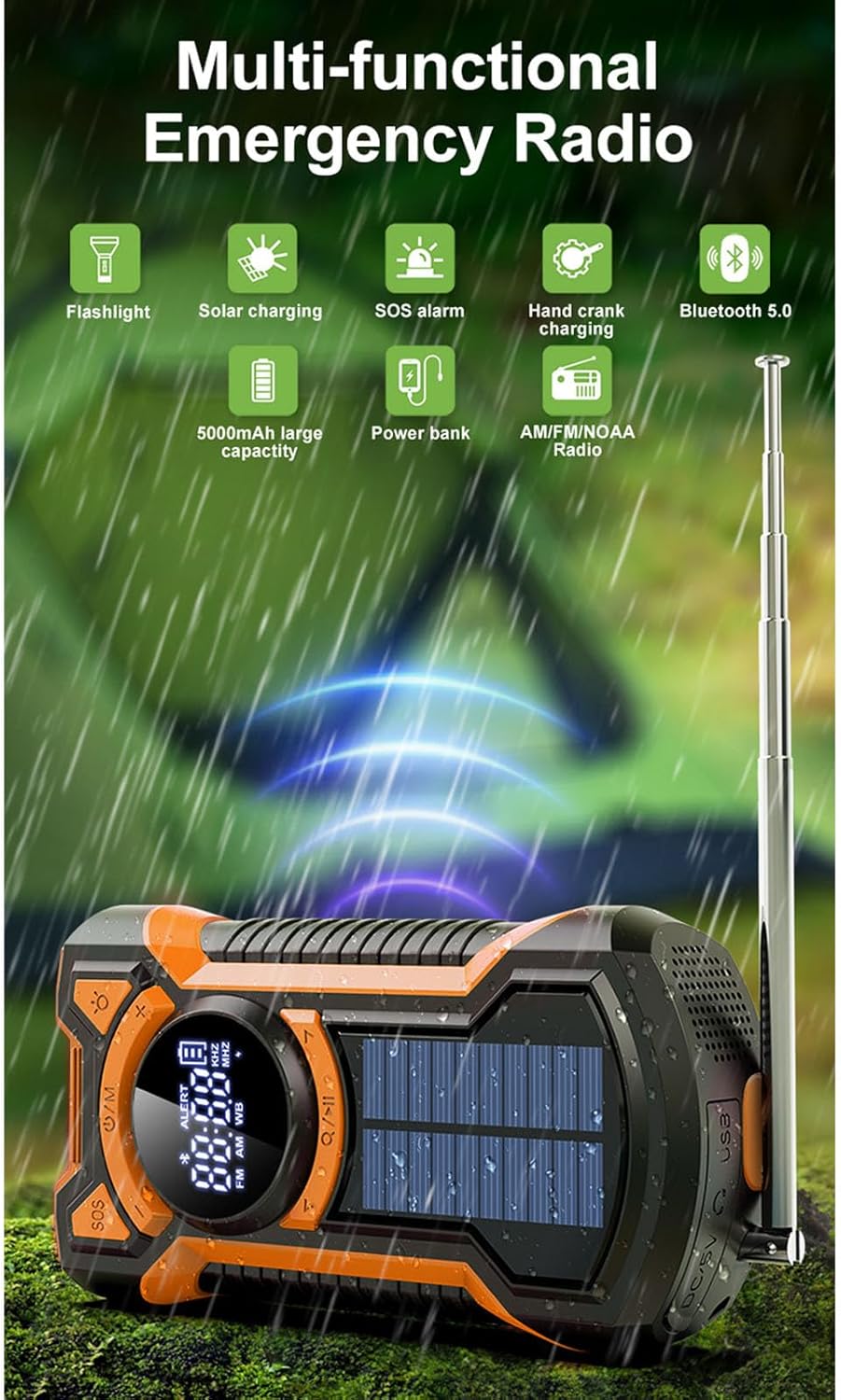 Notfallradio, 5000-mAh-Wetterradio, Solar-Handkurbelradios, FM, AM, WB, Bluetooth, SOS-Alarm und LED