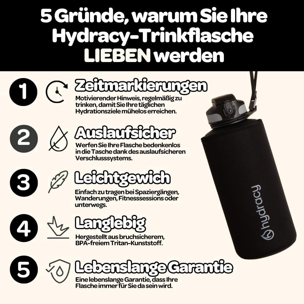 Hydracy Trinkflasche mit Strohhalm und Zeitmarkierung - 2L Wasserflasche - BPA-freie Trinkflasche -