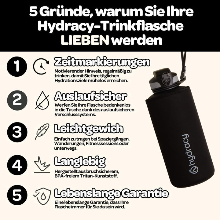 Hydracy Trinkflasche mit Strohhalm und Zeitmarkierung - 2L Wasserflasche - BPA-freie Trinkflasche -
