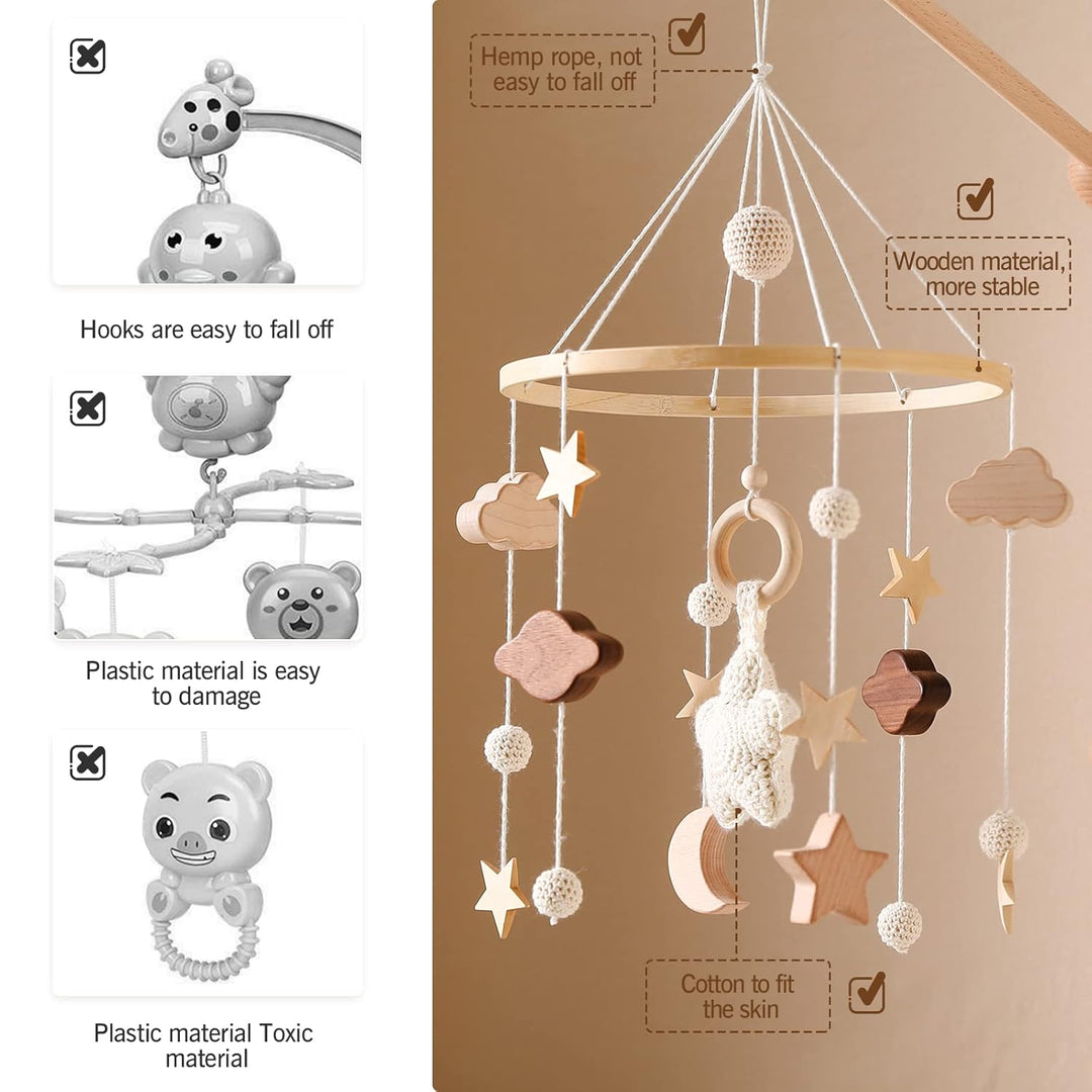 Mobile Baby Windspiele mit Wolken Mond Sterne Handgefertigt Holz Gehäkelt Mobile Baby Neugeborene Ju