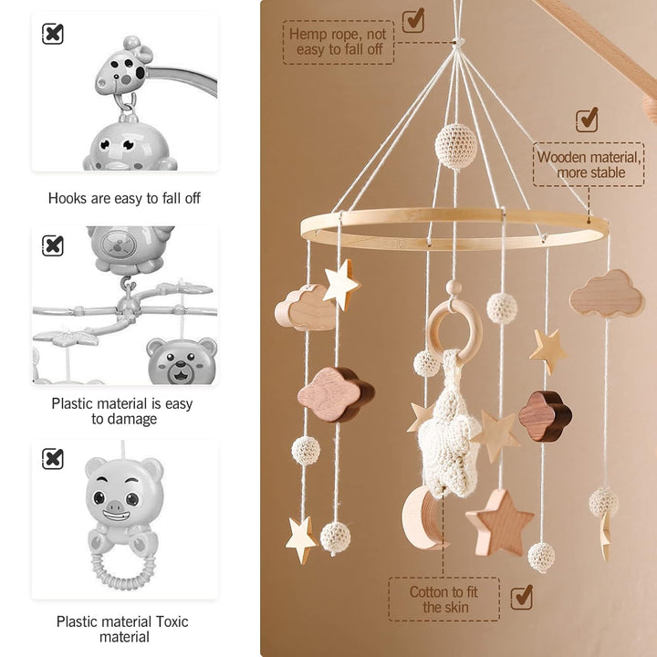 Mobile Baby Windspiele mit Wolken Mond Sterne Handgefertigt Holz Gehäkelt Mobile Baby Neugeborene Ju