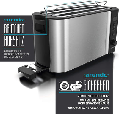 Arendo - Edelstahl Toaster Langschlitz 4 Scheiben - Defrost Funktion - wärmeisolierendes Gehäuse - m