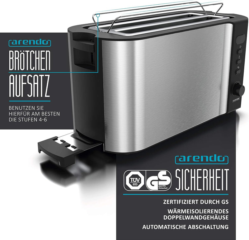 Arendo - Toaster 4 Scheiben Langschlitz Edelstahl - Defrost Funktion - wärmeisolierendes Gehäuse - m