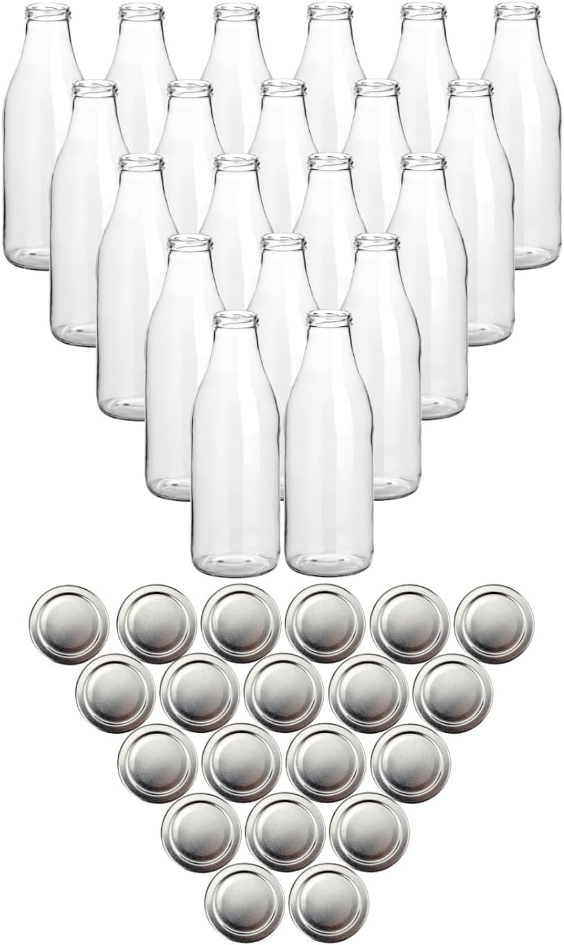 gouveo 20er Set Saftflasche 1000 ml mit Schraub-Deckel silberfarben - Grosse Glasflasche 1 Liter mit