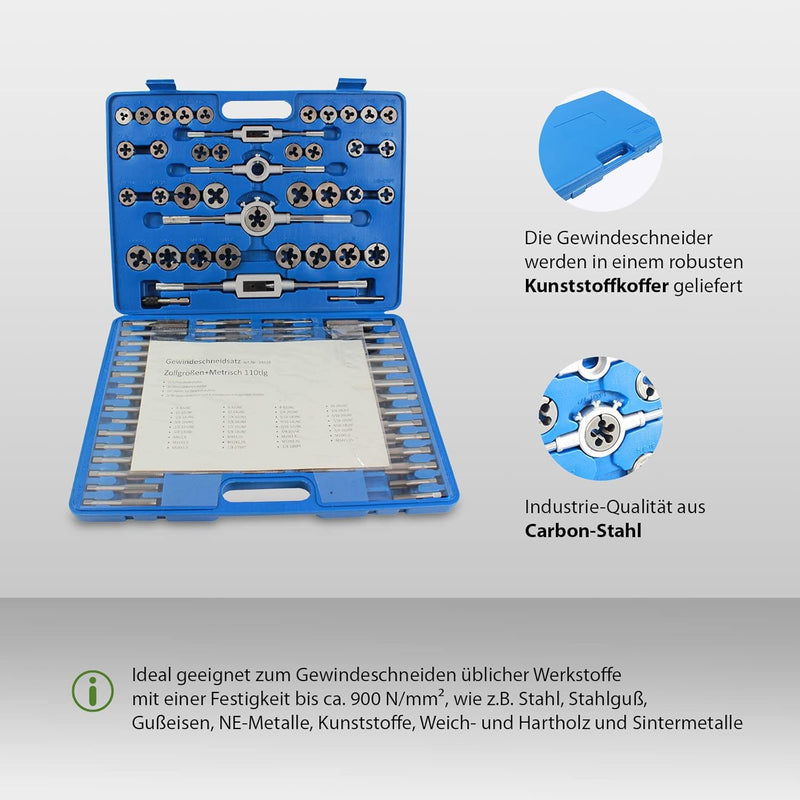 Gewindeschneidsatz 110 tlg zoll/metrisch M6 - M18 metrisch Gewindeschneider Gewindebohrer Schneidklu