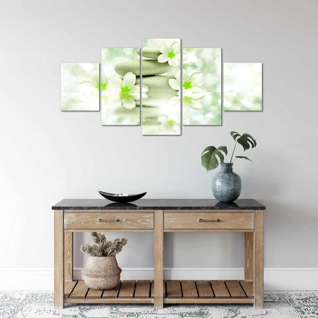 Runa Art Wandbilder Blumen Feng Shui 5 Teilig Bild auf Vlies Leinwand Deko Wohnzimmer Steine Zen Grü