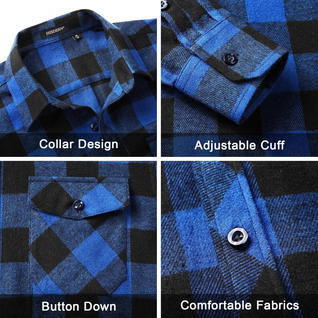 HISDERN Herren Hemd Checked Flanell Shirt, Herren Langarm Oberteil für Männer mit Brusttaschen, Butt
