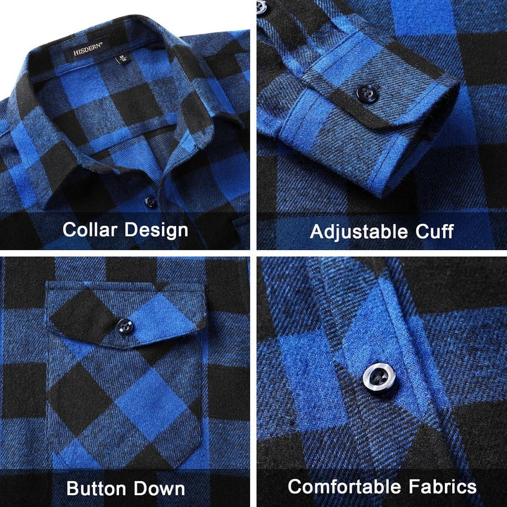 HISDERN Herren Hemd Checked Flanell Shirt, Herren Langarm Oberteil für Männer mit Brusttaschen, Butt