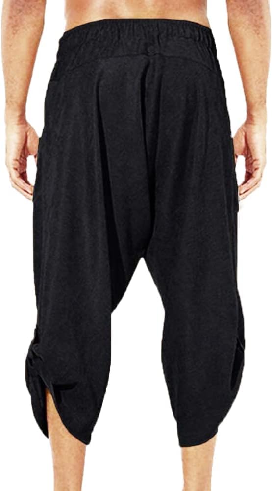 COSDREAMER Herren Mittelalter Hose Wikinger Pirat Kostüm Hose (Large, Schwarz 3/4) L Schwarz 3/4, L