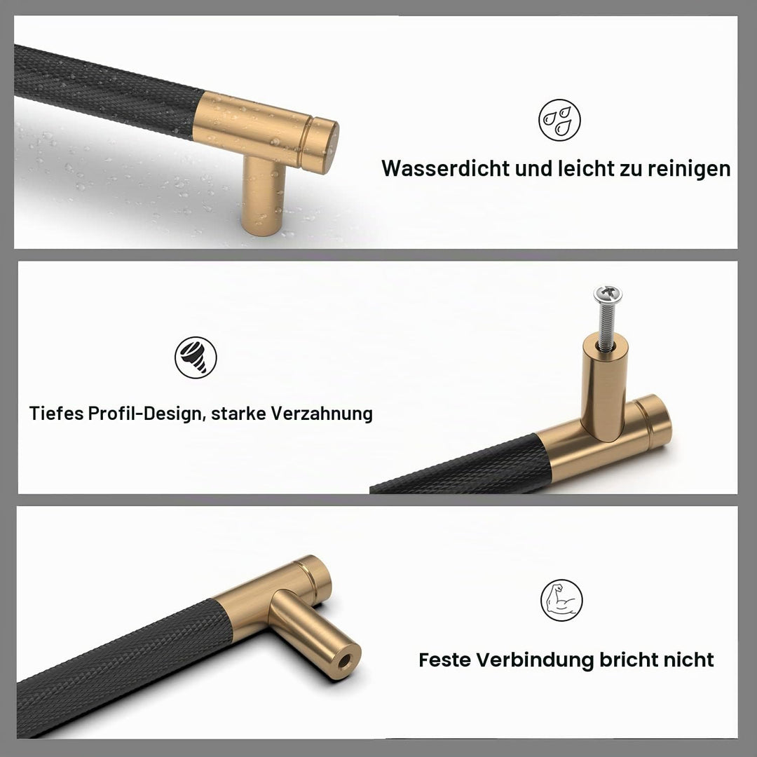 Amerdeco 10 Stück Gerändelte Schrankgriffe schwarzes Gold Griffe Möbel Möbelgriffe 160mm Lochabstand