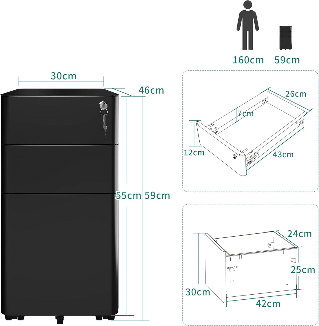 YITAHOME Rollcontainer, Abschliessbar Rollcontainer mit 3 Schubladen, Metall Mobiler Aktenschrank Bü