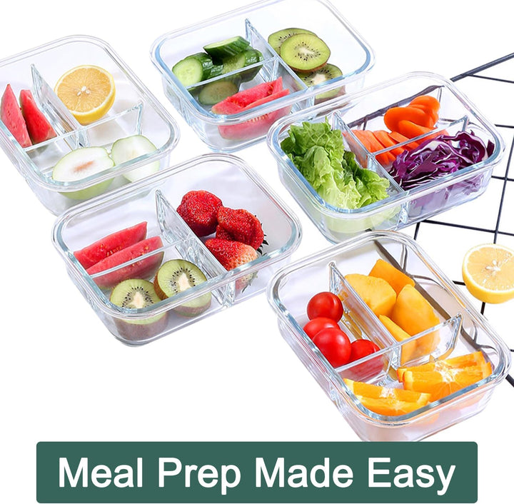 Glasbehälter mit Deckel Meal Prep Boxen Glas 3 Fächer (5Stück, 1040ml) Meal Prep Boxen Glas mit Tren