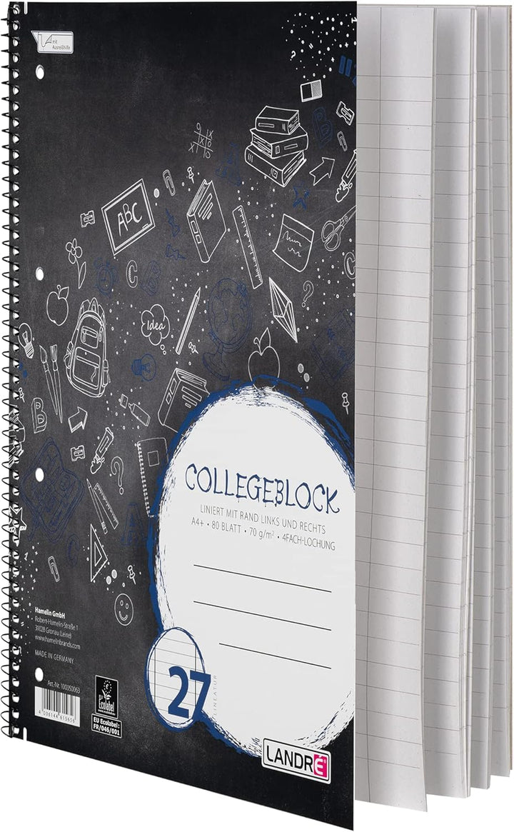 Landré Collegeblock A4 kariert und liniert mit Rand, 80 Blatt, 10 Stück Single, Single