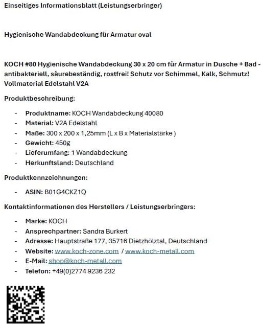 Koch #80 Hygienische Wandabdeckung Platte 30 x 20 cm für Armatur Dusche + Bad - antibakteriell, säur