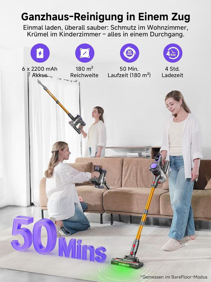 MONSGA Akku Staubsauger Kabellos 45KPa/50Min mit Display,Bürstenloser Motor | Kabelloser Staubsauger