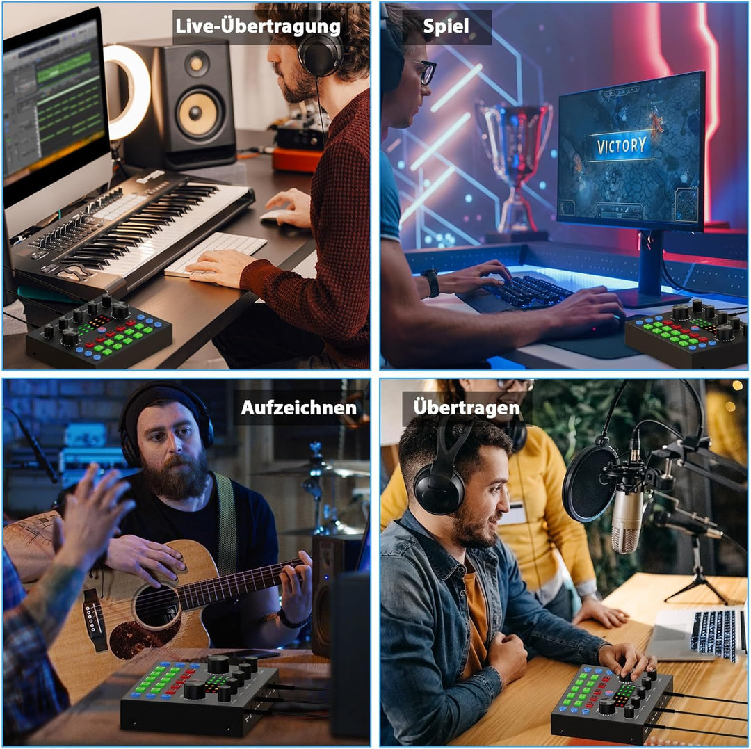 Podcast-Ausrüstungspaket für 2, Audio-Interface mit Sprachumschalter-Kondensatormikrofone für Gamer,