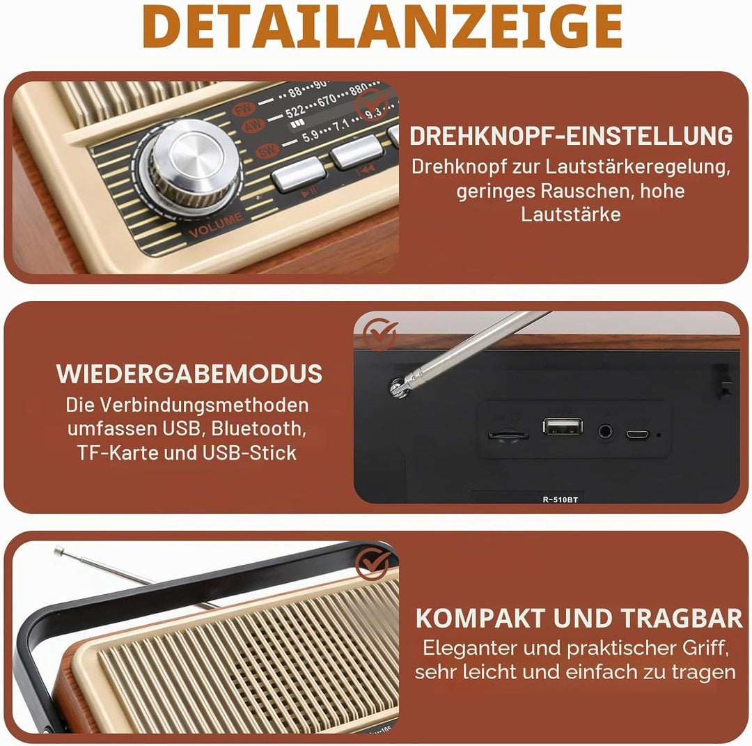 Retro Radio mit Bluetooth, Kofferradio Batteriebetrieben oder mit Stromkabel, Nostalgie Küchenradio