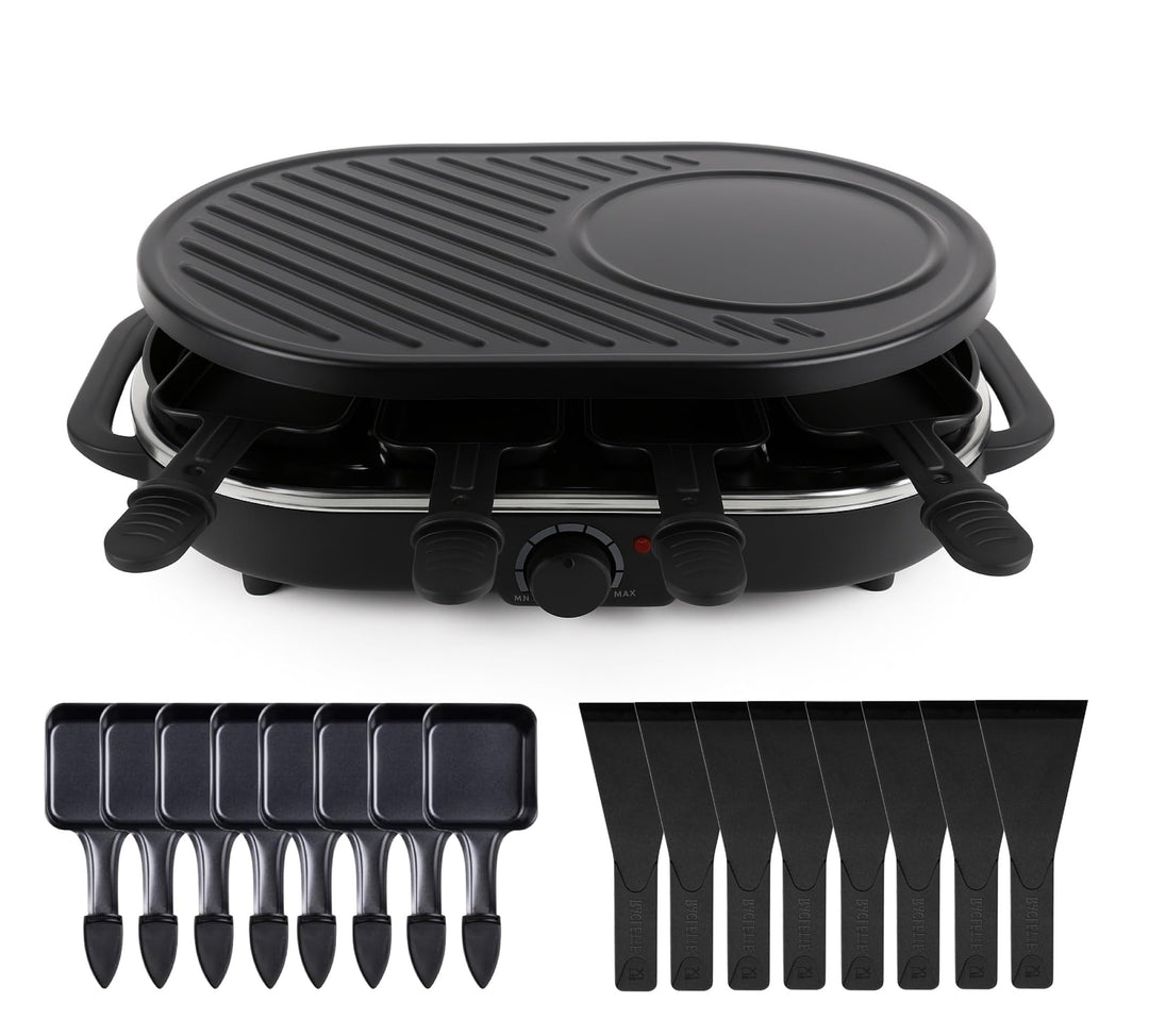 8 Personen Set Raclette Grill oval - Mit Grillplatte & Crepes Funktion - Tischgrill inkl. Pfännchen